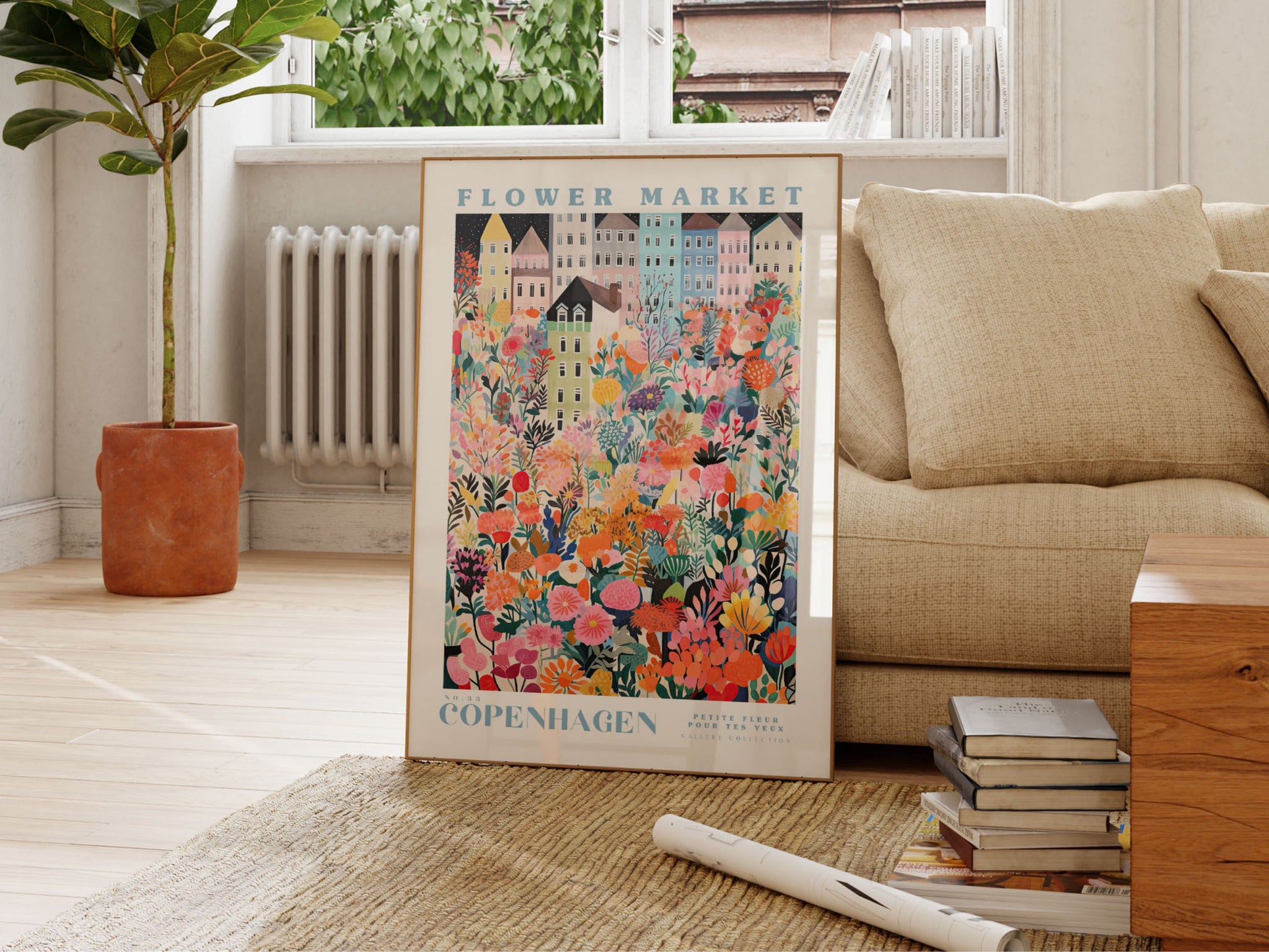 Flower Market Print, Copenhagen Flower Art, Large Modern Poster, Botanical Wall Decor, Red and pink Flower Art, Flower Garden, Nature Art