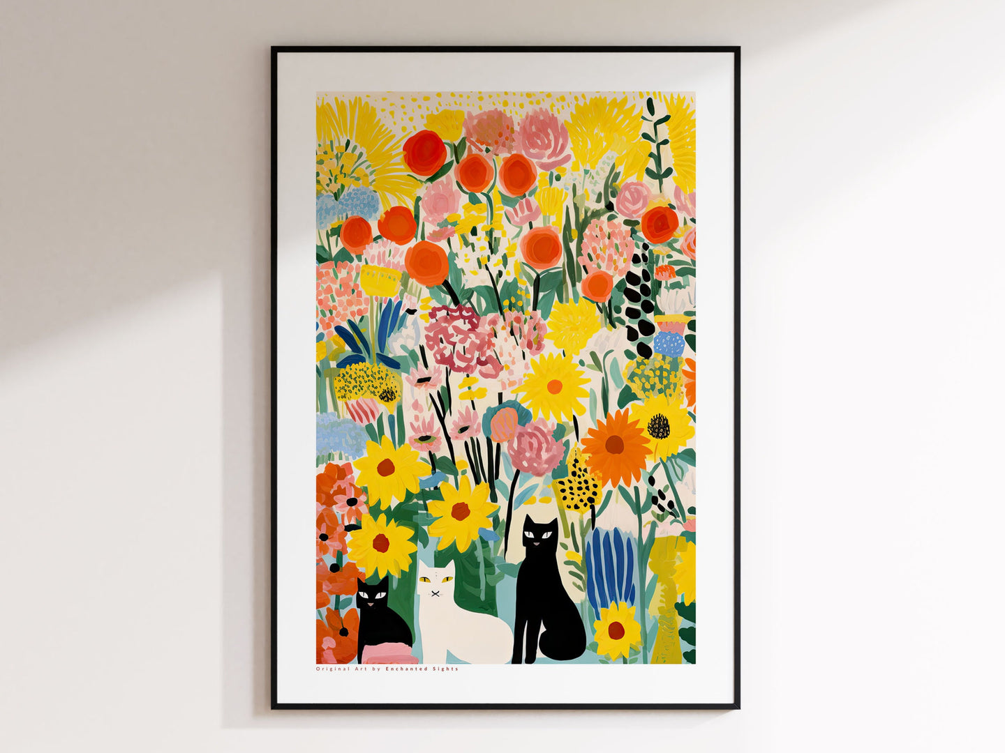Cat in Garden, Flowers and Cats, Yellow Wall Art, Flower Art Print, Cat Art Print, Cat Illustration, Floral Wall Decor, Gifts for Cat Lovers