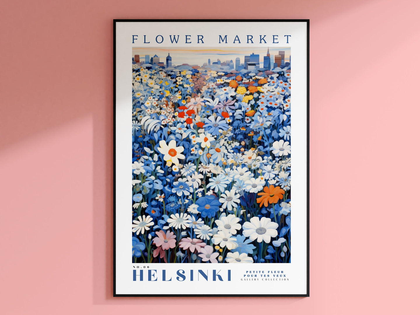 Helsinki Flower Market Poster, Helsinki Wall Art, Blue Marguerite Daisy Art, Blue Flowers Wall Decor, City Skyline, Finland Travel Art