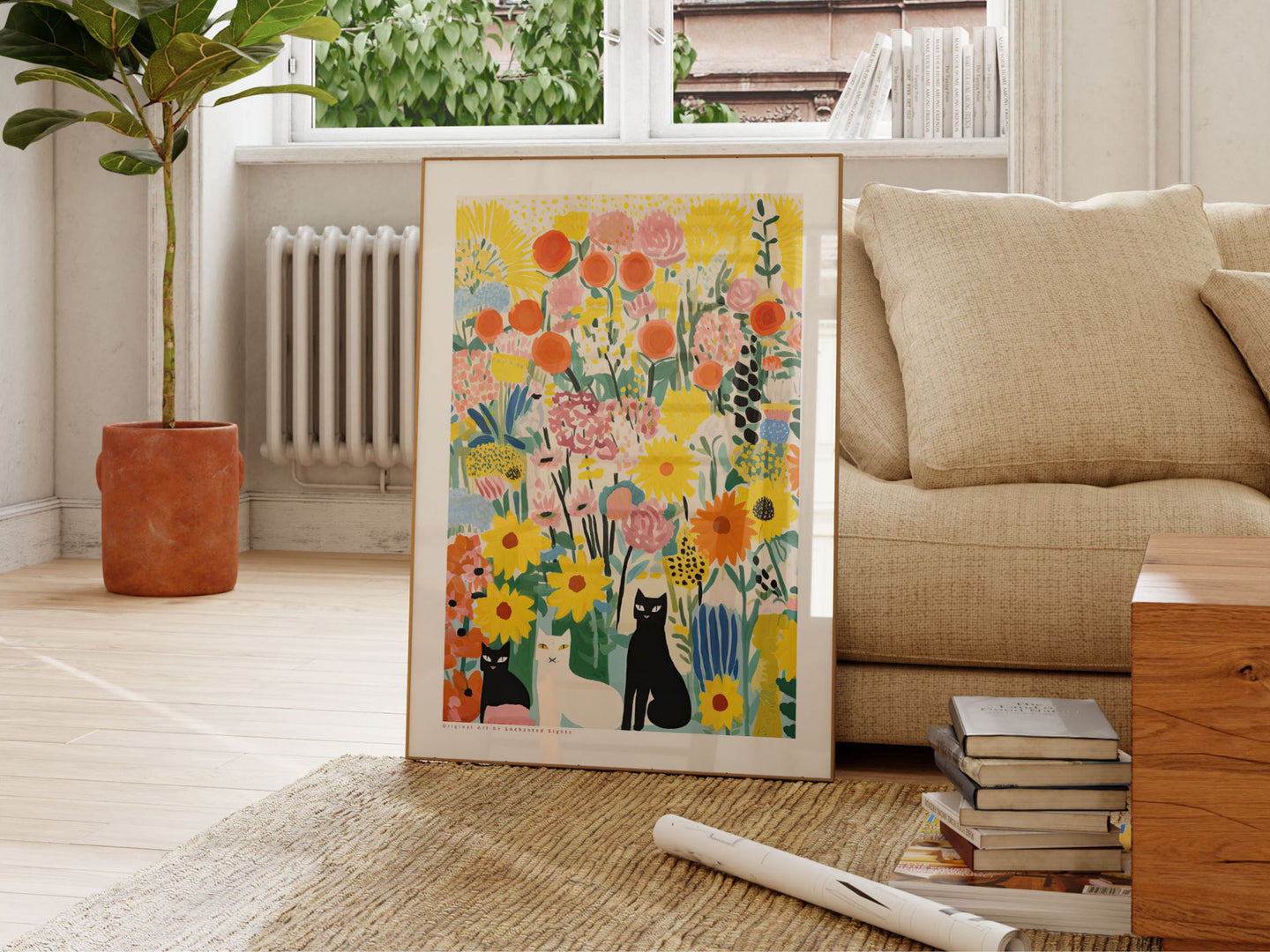 Cat in Garden, Flowers and Cats, Yellow Wall Art, Flower Art Print, Cat Art Print, Cat Illustration, Floral Wall Decor, Gifts for Cat Lovers