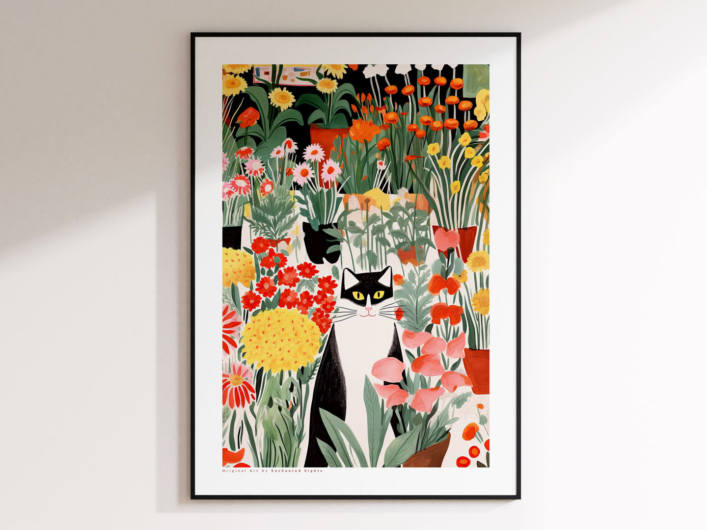 Cat in Garden, Flowers and Cats, Green Red Art, Flower Art Print, Cat Art Print, Cat Illustration, Floral Wall Decor, Gifts for Cat Lovers