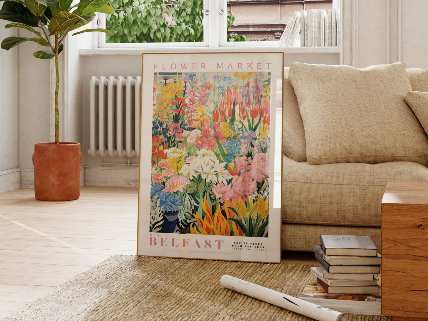 Flower Market Belfast Print, Retro Flower Market, Botanical Art, Yellow Flowers, Pink Peony, Orange Tulips, USA Art, England Art, Dandelion