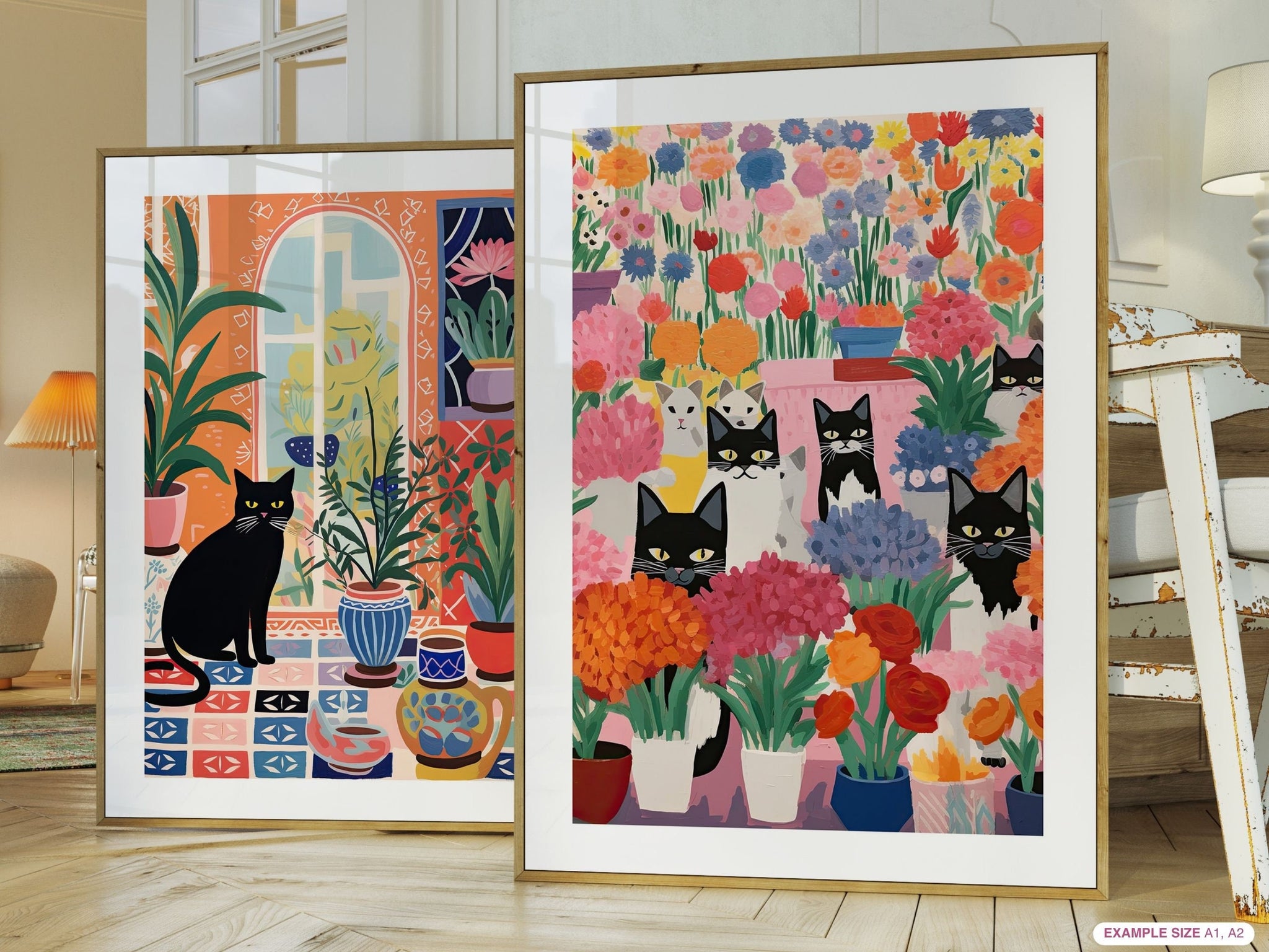 Black Cat Print, Botanical Wall Art, Pink and Orange Wall Art, Cat Illustration, Cat Poster, Cat Wall Art, Animal Wall Art, Boho Botanical