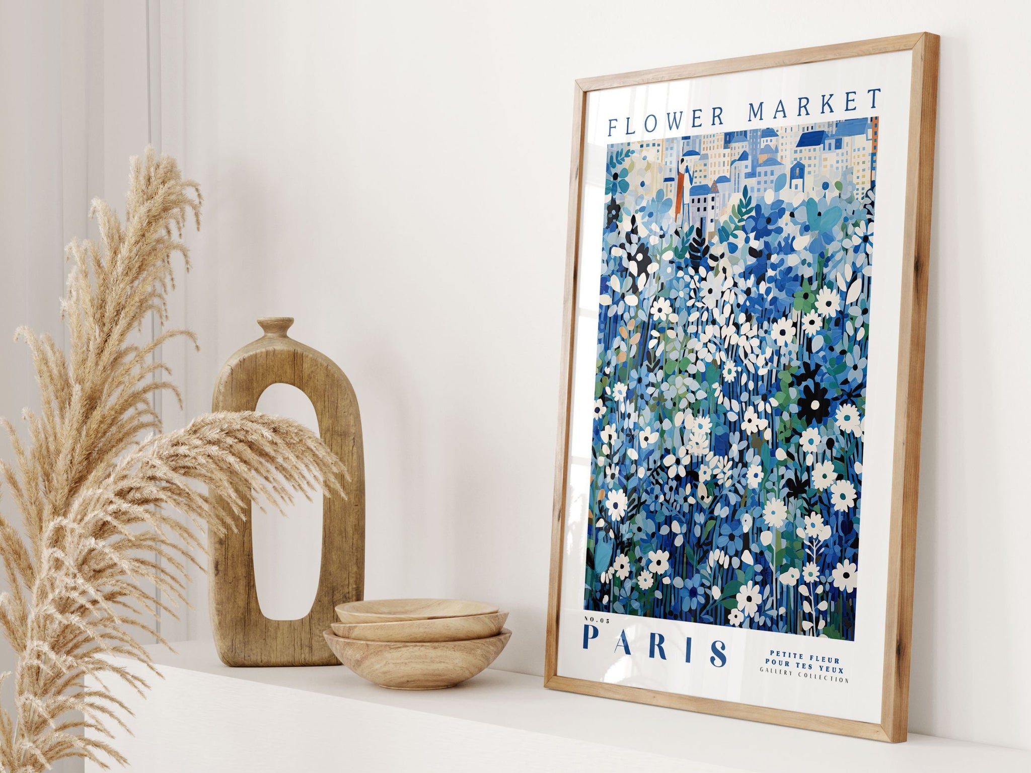 Paris Flower Market Poster, Blue Floral Art, Blue Botanical Wall Art, Paris Travel Art, Blue and White Posters, Flower Art Collection