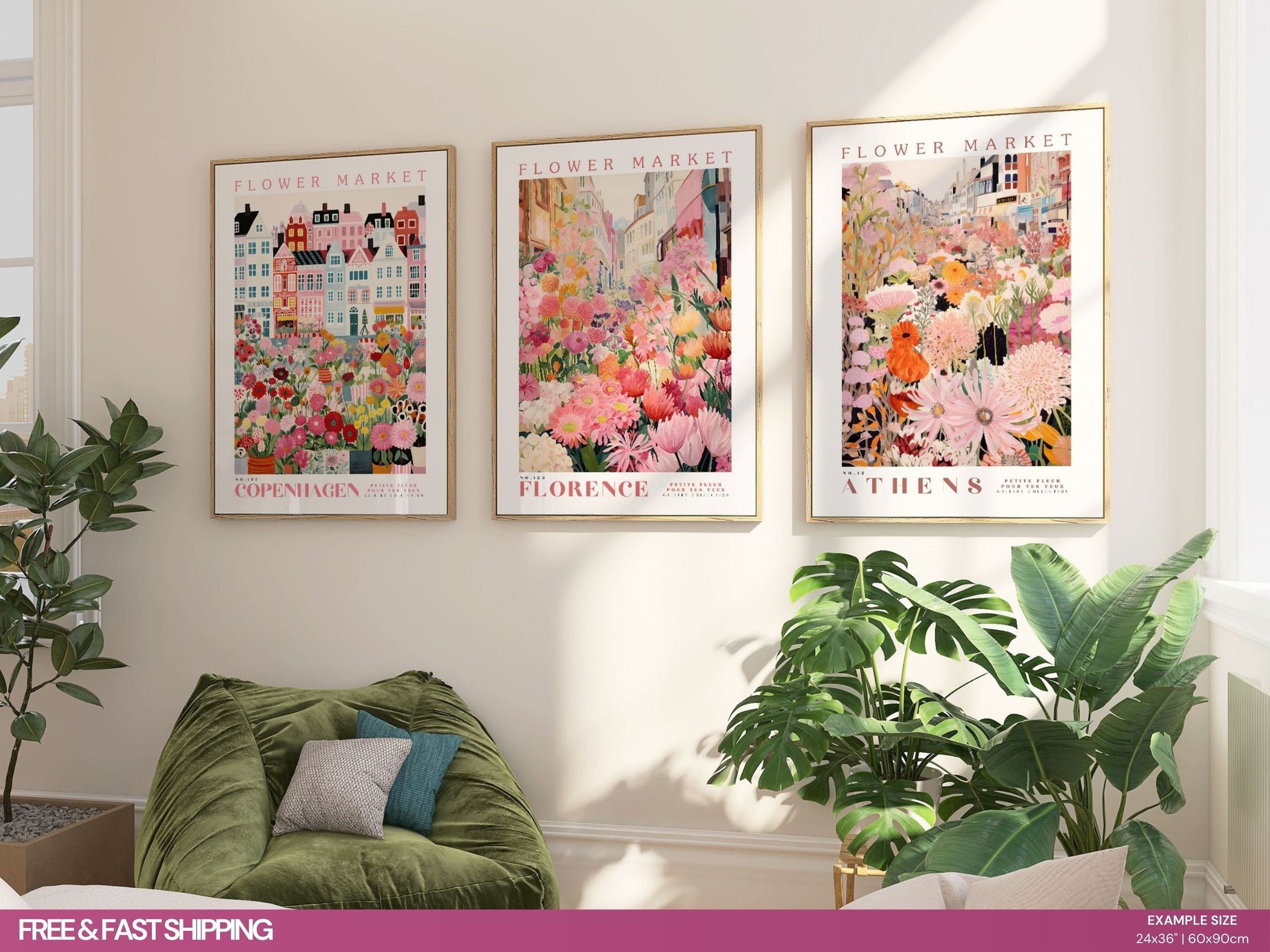 Flower Market Poster Set, Set Of 3 Prints, Wall Art Bundle, Botanical Wall Art, Botanical Poster, Pink Flower Poster, Gallery Wall Set