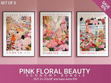 Flower Market Poster Set, Set Of 3 Prints, Wall Art Bundle, Botanical Wall Art, Botanical Poster, Pink Flower Poster, Gallery Wall Set