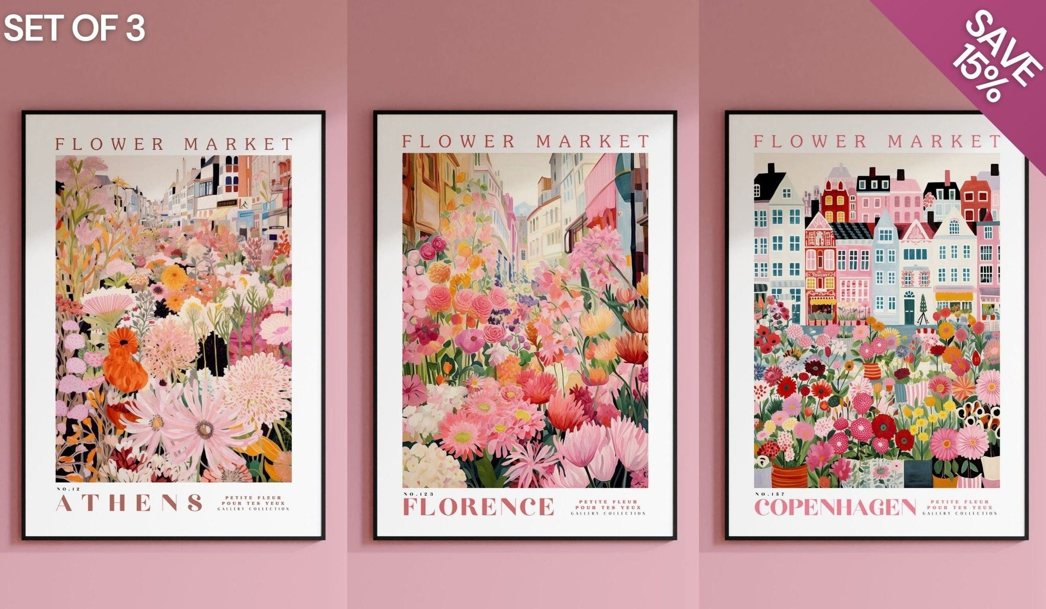 Flower Market Poster Set, Set Of 3 Prints, Wall Art Bundle, Botanical Wall Art, Botanical Poster, Pink Flower Poster, Gallery Wall Set