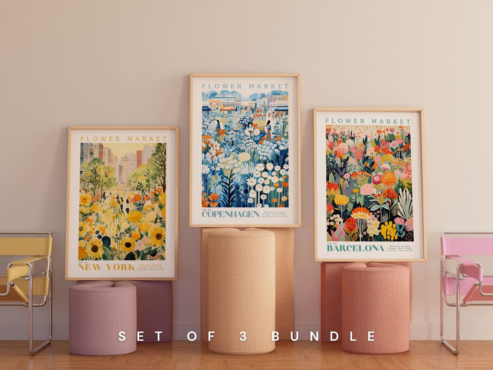 Set Of 3 Prints, Flower Market Poster, Wall Art Bundle, Botanical Wall Art, Botanical Poster, Pink Flower Poster, Gallery Wall Set