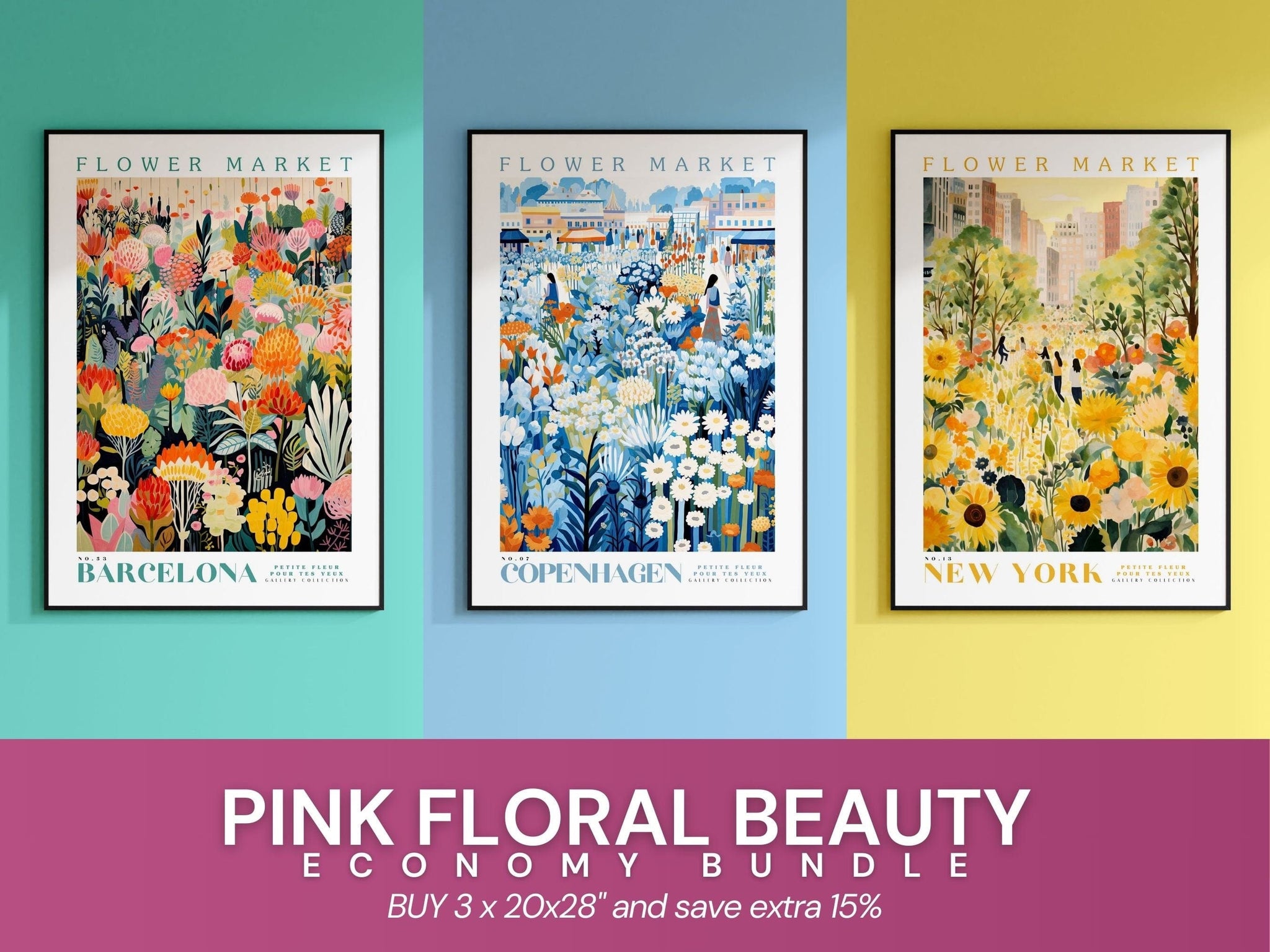 Set Of 3 Prints, Flower Market Poster, Wall Art Bundle, Botanical Wall Art, Botanical Poster, Pink Flower Poster, Gallery Wall Set