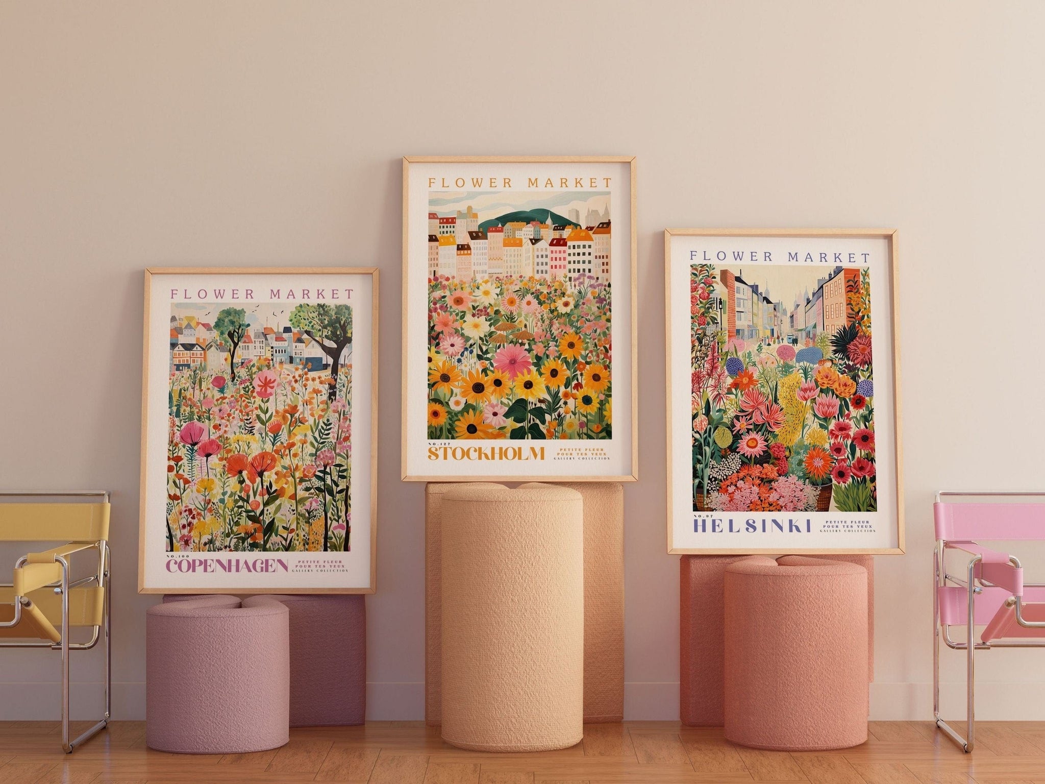 Set Of 3 Prints, Flower Market Poster, Wall Art Bundle, Botanical Wall Art, Botanical Poster, Pink Flower Poster, Gallery Wall Set