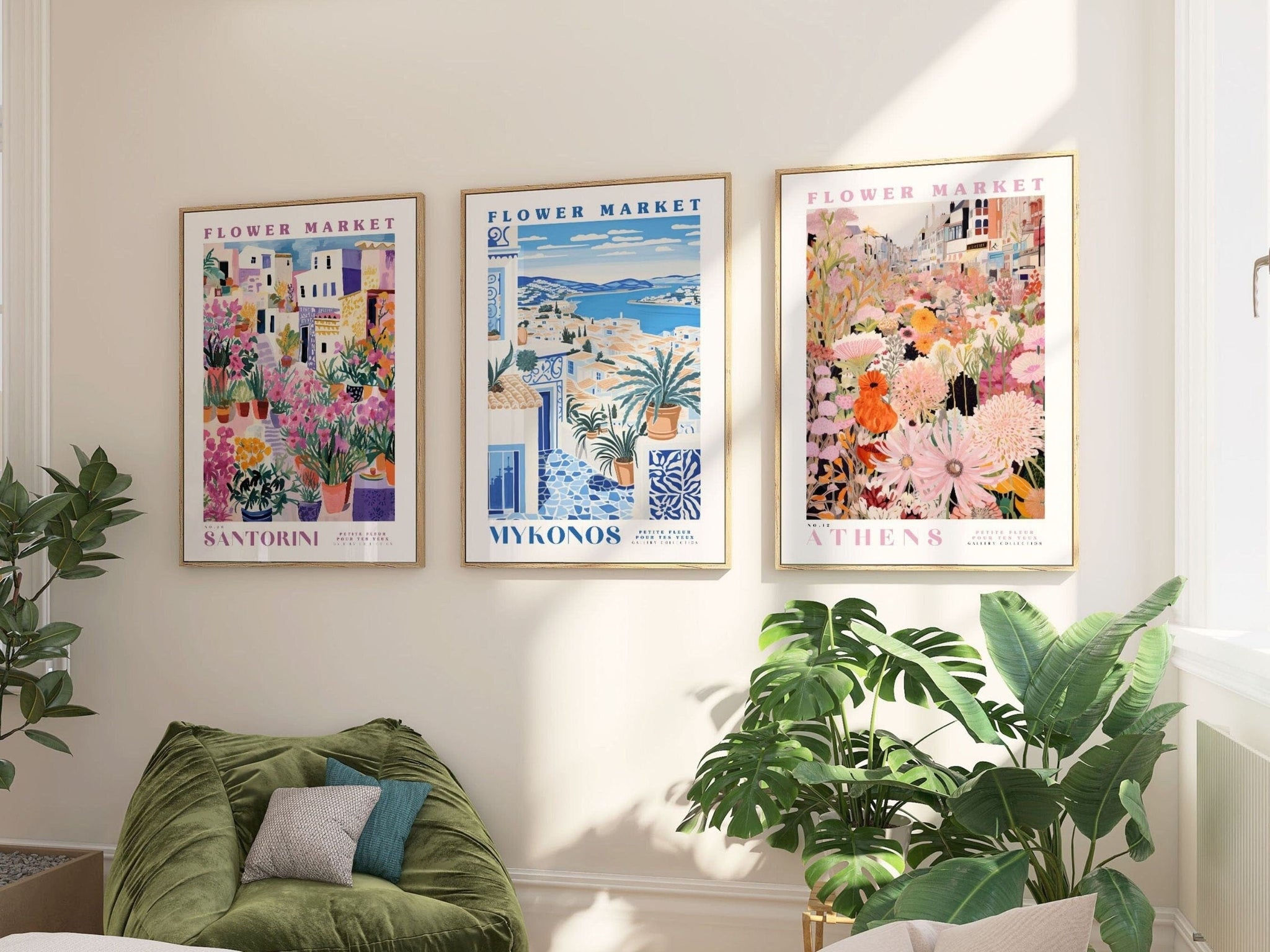 Set Of 3 Prints, Flower Market Poster, Wall Art Bundle, Botanical Wall Art, Botanical Poster, Pink Flower Poster, Greece Gallery Wall Set