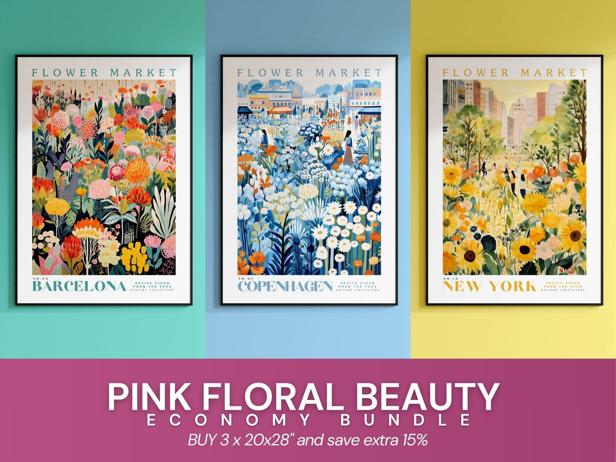 Set Of 3 Prints, Flower Market Poster, Wall Art Bundle, Botanical Wall Art, Botanical Poster, Pink Flower Poster, Gallery Wall Set