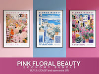 Set Of 3 Prints, Flower Market Poster, Wall Art Bundle, Botanical Wall Art, Botanical Poster, Pink Flower Poster, Greece Gallery Wall Set