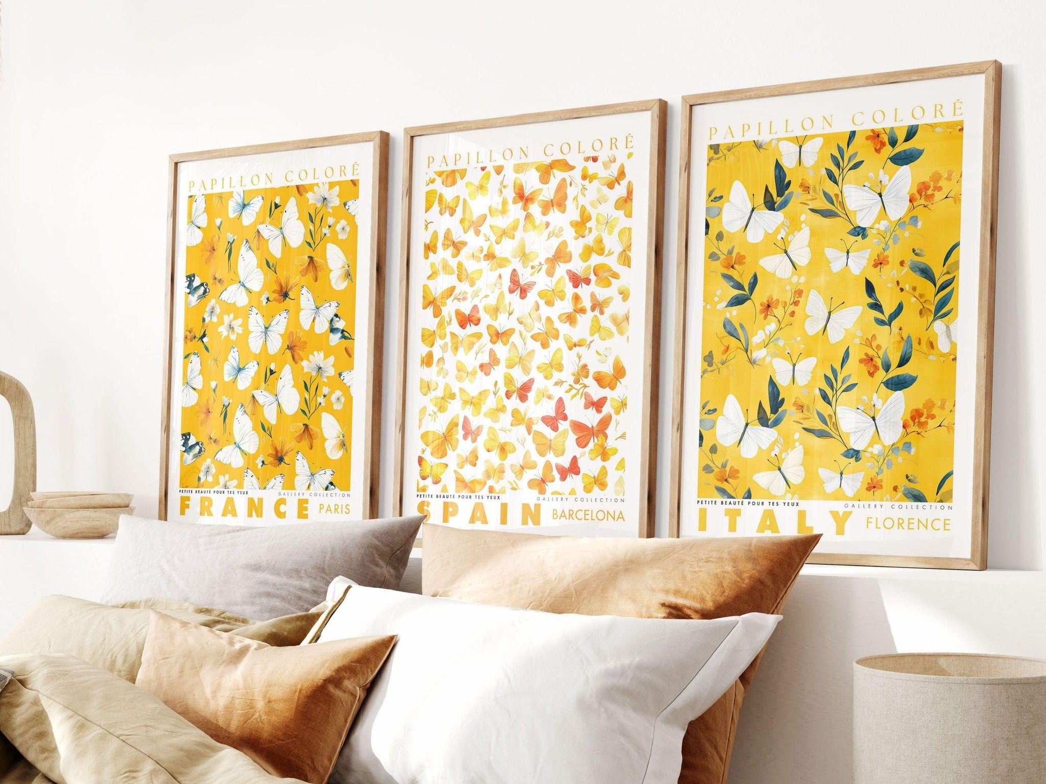 Set Of 3 Prints, Butterfly Poster, Wall Art Bundle, Botanical Wall Art, Botanical Poster, Yellow Flower Poster, Gallery Wall Set